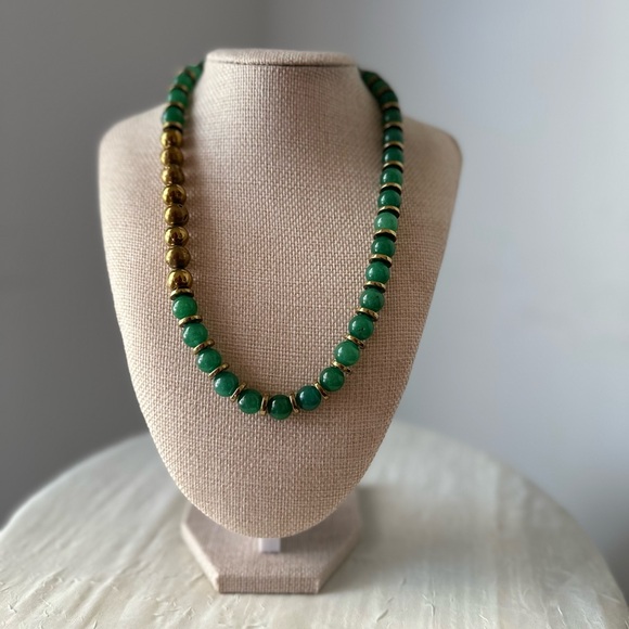GREEN AVENTURINE GOLD HEMATITE STATEMENT NECKLACE 19” - Picture 7 of 9